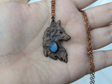 Load image into Gallery viewer, Handmade Antique Copper and Moonstone Wolf Silhouette Pendant
