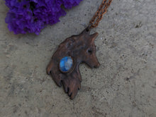 Load image into Gallery viewer, Handmade Antique Copper and Moonstone Wolf Silhouette Pendant