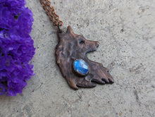 Load image into Gallery viewer, Handmade Antique Copper and Moonstone Wolf Silhouette Pendant