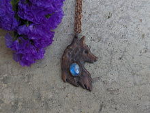 Load image into Gallery viewer, Handmade Antique Copper and Moonstone Wolf Silhouette Pendant