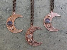Load image into Gallery viewer, Handmade Crescent Moon Pendant with Amethyst and Leaves - Copper