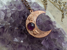 Load image into Gallery viewer, Handmade Crescent Moon Pendant with Amethyst and Leaves - Copper