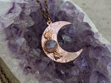 Load image into Gallery viewer, Handmade Crescent Moon Pendant with Amethyst and Leaves - Copper