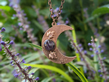 Load image into Gallery viewer, Handmade Crescent Moon Pendant with Amethyst and Leaves - Copper