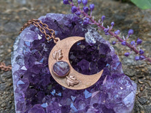 Load image into Gallery viewer, Handmade Crescent Moon Pendant with Amethyst and Leaves - Copper