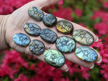 Load image into Gallery viewer, Labradorite Carved Triple Moon Pentacle Cabochons