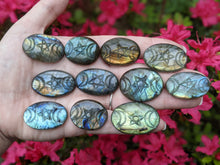 Load image into Gallery viewer, Labradorite Carved Triple Moon Pentacle Cabochons