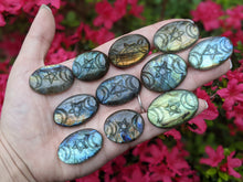 Load image into Gallery viewer, Labradorite Carved Triple Moon Pentacle Cabochons