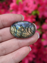 Load image into Gallery viewer, Labradorite Carved Triple Moon Pentacle Cabochons