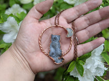 Load image into Gallery viewer, Handmade Chalcedony Rosette Cat and Moon Pendant