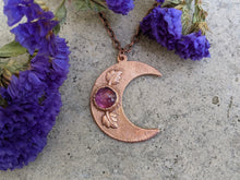 Load image into Gallery viewer, Handmade Crescent Moon Pendant with Amethyst and Leaves - Copper