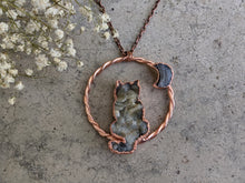 Load image into Gallery viewer, Handmade Chalcedony Rosette Cat and Moon Pendant