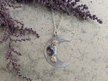 Load image into Gallery viewer, Handmade Crescent Moon Pendant with Amethyst and Leaves - Silver