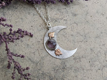 Load image into Gallery viewer, Handmade Crescent Moon Pendant with Amethyst and Leaves - Silver