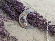 Load image into Gallery viewer, Handmade Crescent Moon Pendant with Amethyst and Leaves - Silver