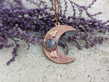 Load image into Gallery viewer, Handmade Crescent Moon Pendant with Amethyst and Leaves - Copper