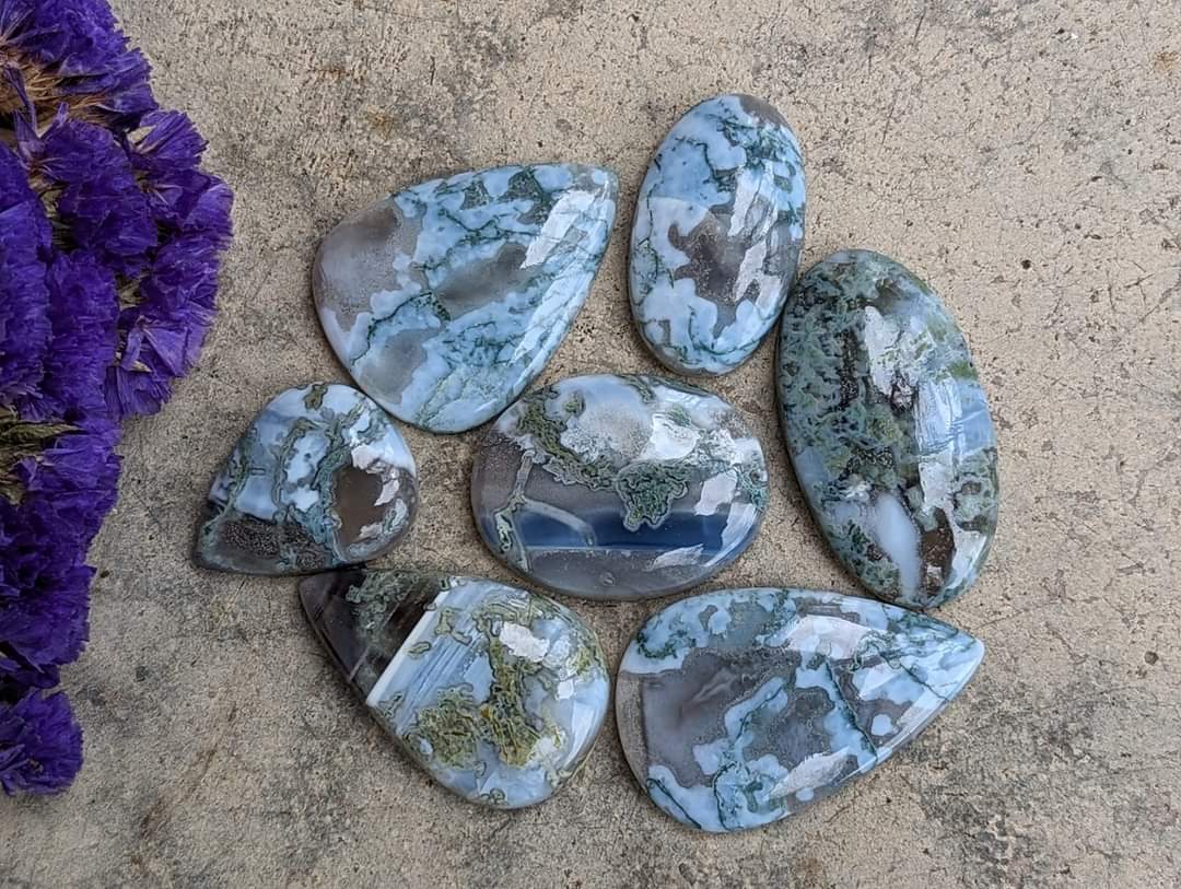 Owyhee Blue Opal with Moss Agate Cabochons