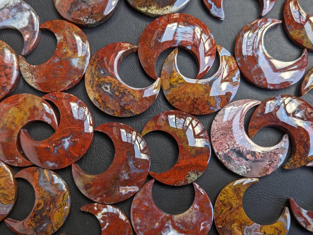 Scenic Red Moss Agate Crescent Moon Cabochons