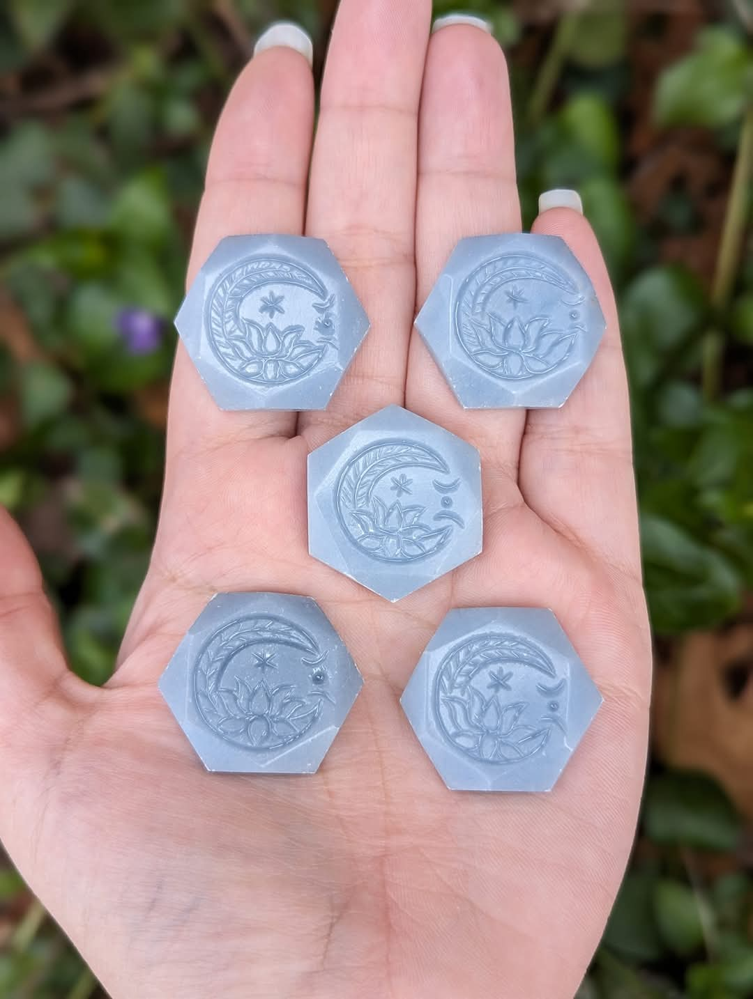 Angelite Carved Hexagon Cabochons - Crescent Moon and Lotus