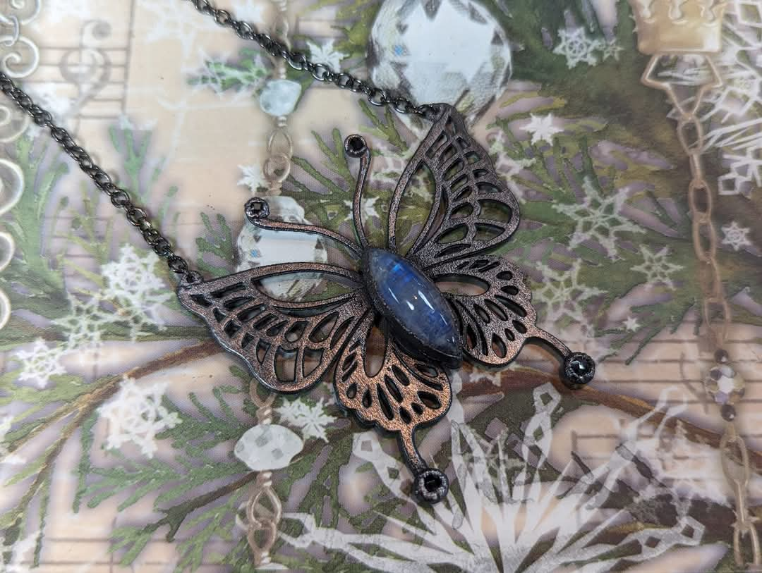 Handmade Moonstone and Black Spinel Butterfly Pendant