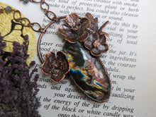 Load image into Gallery viewer, Real Buttercup Flowers and Spectrolite Copper Pendant
