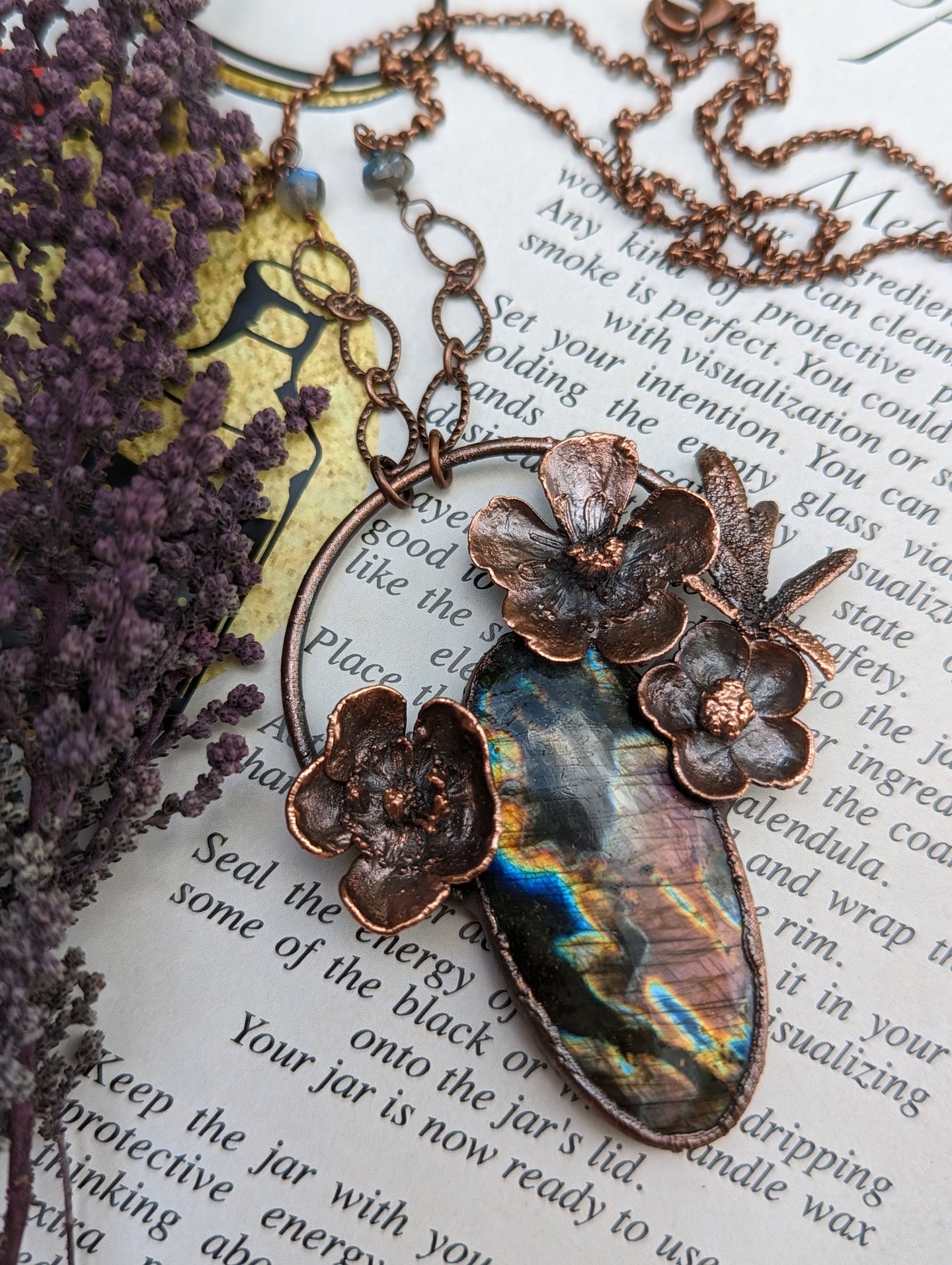 Handmade Buttercup and Spectrolite Copper Pendant - Made from Real Flowers