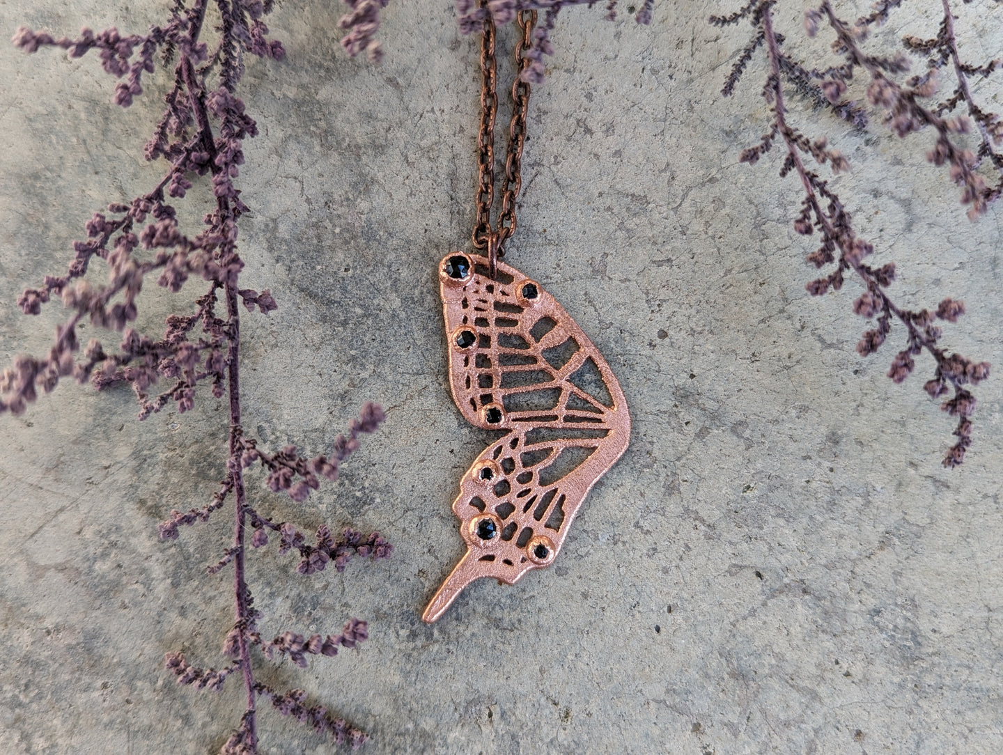 Black Spinel and Copper Butterfly Wing Pendant