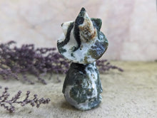 Load image into Gallery viewer, Moss Agate Kitty with Witch Hat Carving
