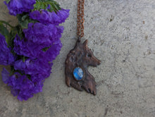 Load image into Gallery viewer, Handmade Antique Copper and Moonstone Wolf Silhouette Pendant
