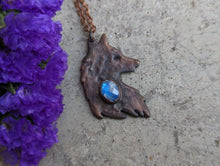 Load image into Gallery viewer, Handmade Antique Copper and Moonstone Wolf Silhouette Pendant
