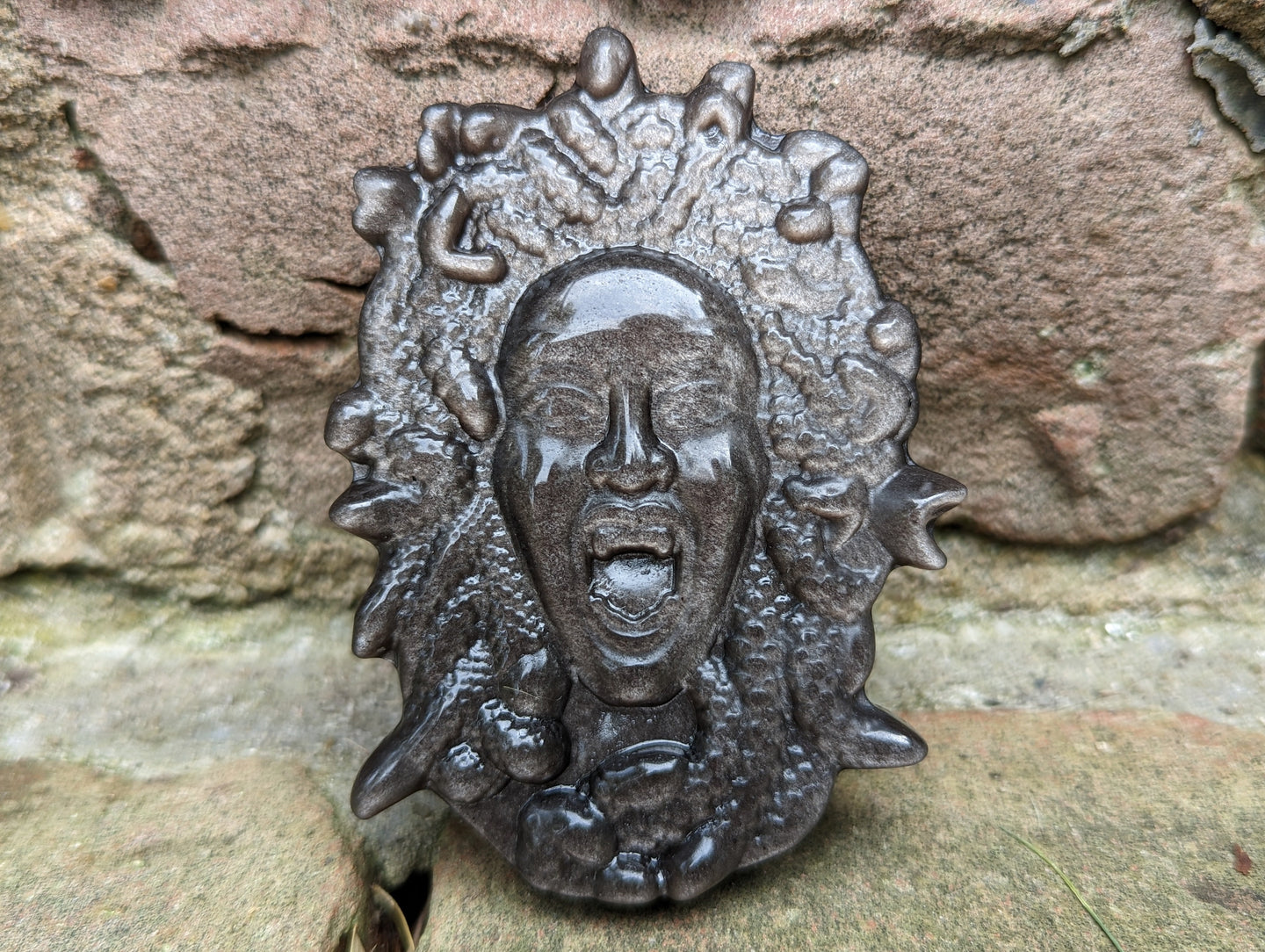 Silver Sheen Obsidian Medusa Carving