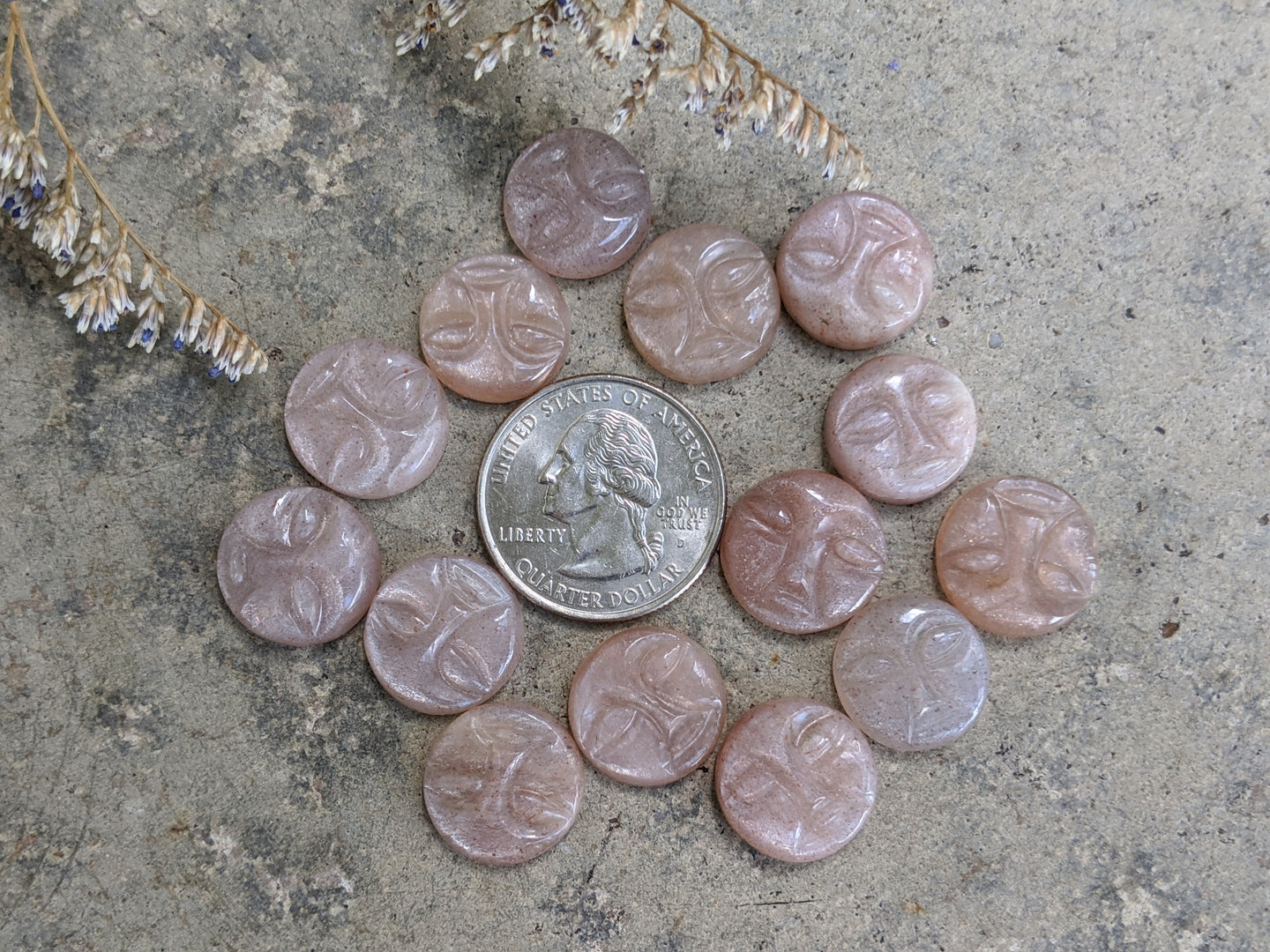 Peach Moonstone Carved Face Cabochons