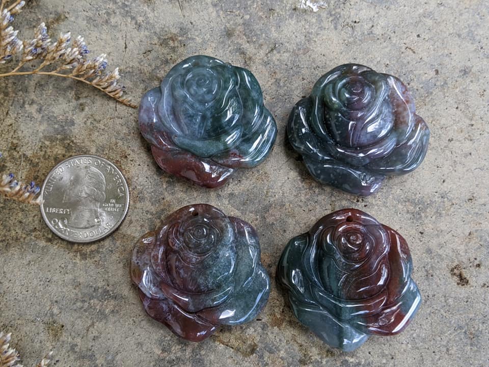Fancy Jasper / Indian Agate Carved Rose Pendants