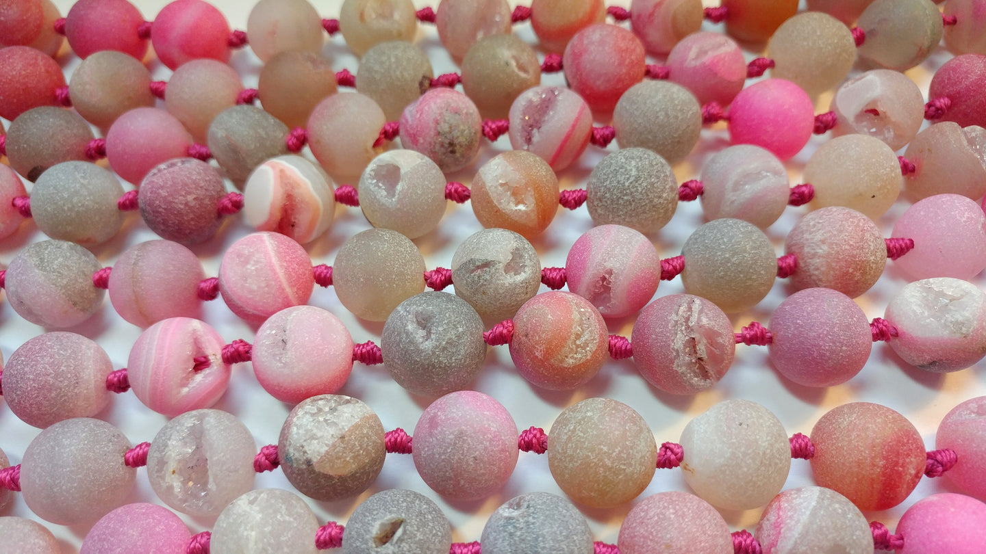 Druzy Agate 8mm Round Beads - Matte Pink