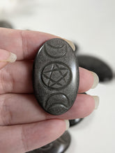 Load image into Gallery viewer, Silver Sheen Obsidian Pentacle Triple Moon Goddess Cabochon

