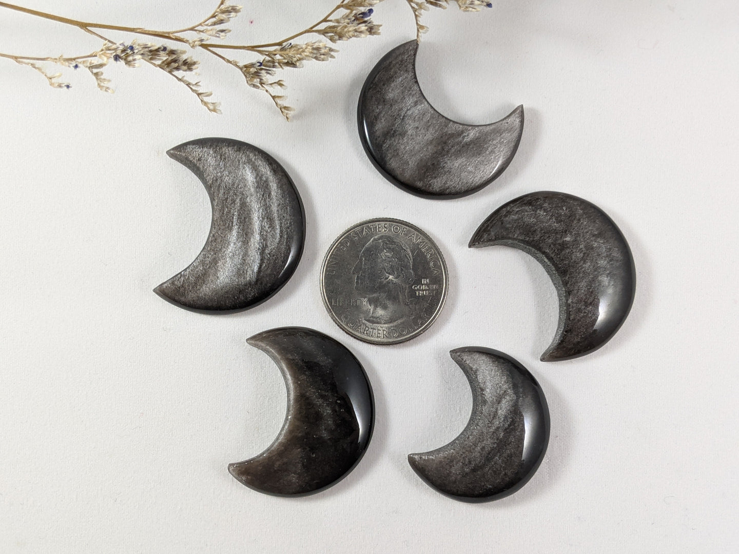Silver Sheen Obsidian Crescent Moons