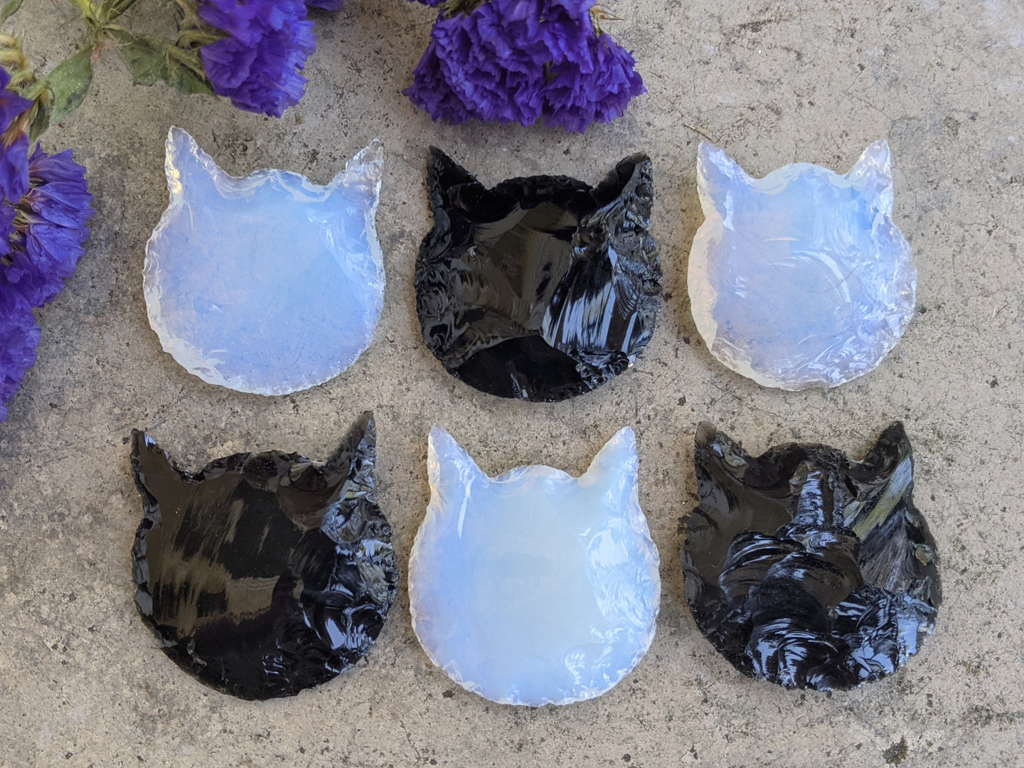 Knapped Opalite and Obsidian Cats