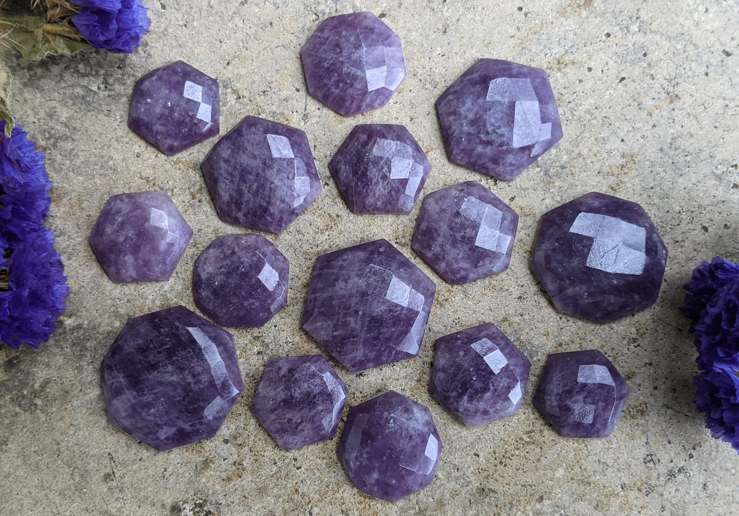 Lepidolite Rose Cut Cabochons - Hexagons and Octagons