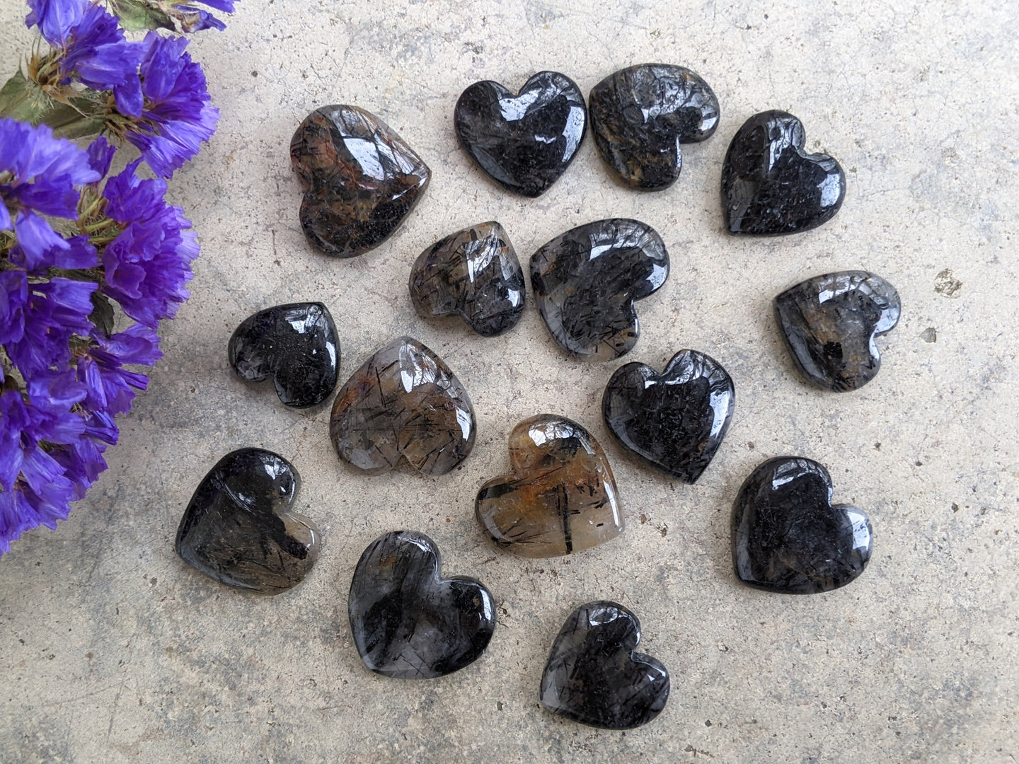 Tourmalinated Quartz Heart Cabochons