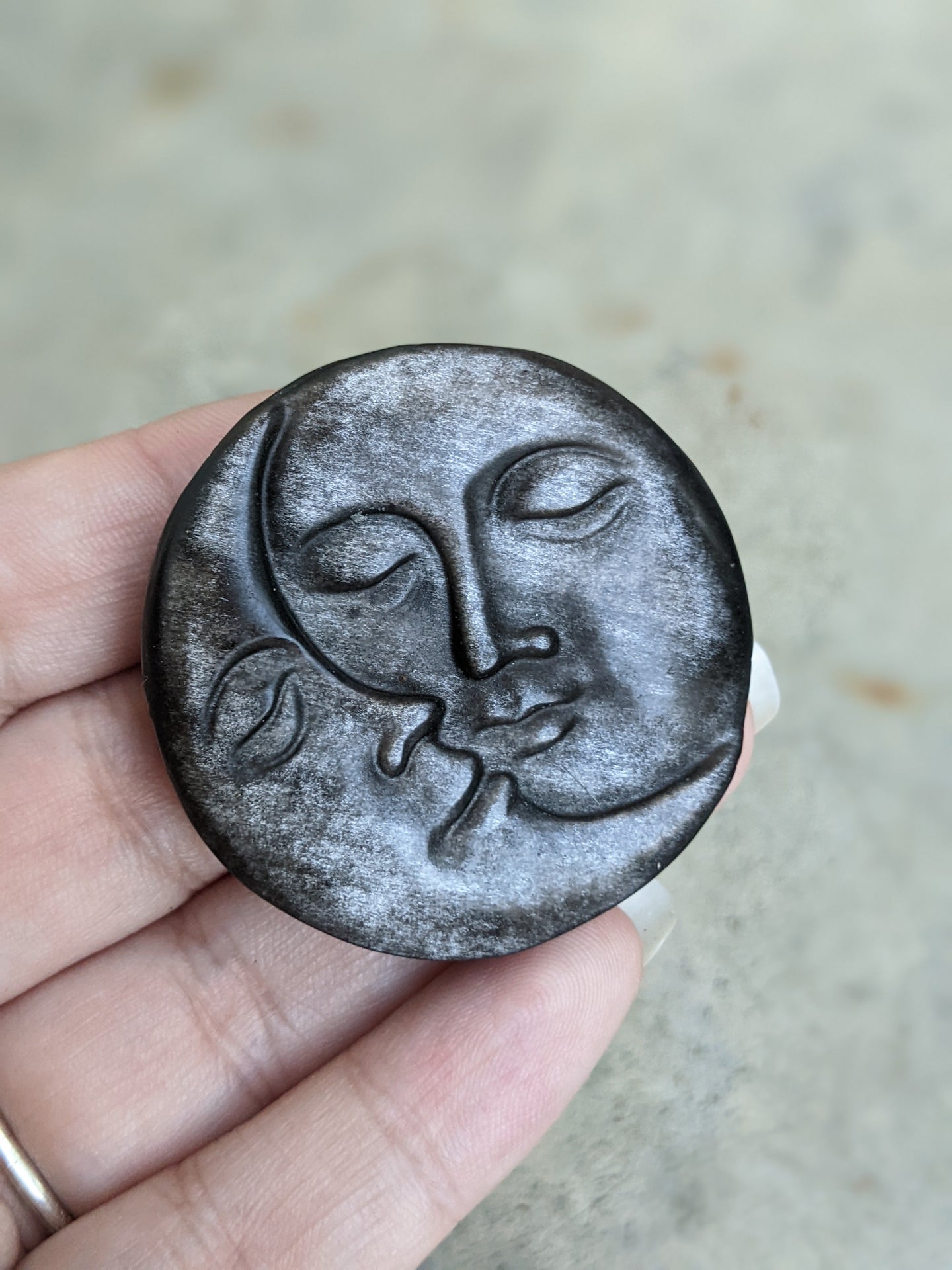 Silver Sheen Obsidian Sun and Moon Carving