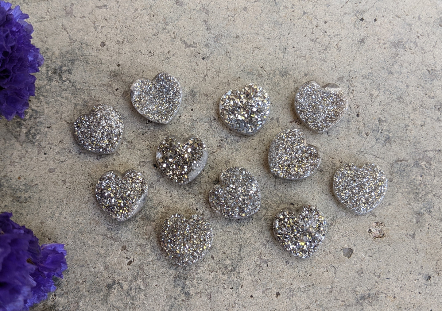 Titanium Druzy Agate Heart Cabochons - Silver