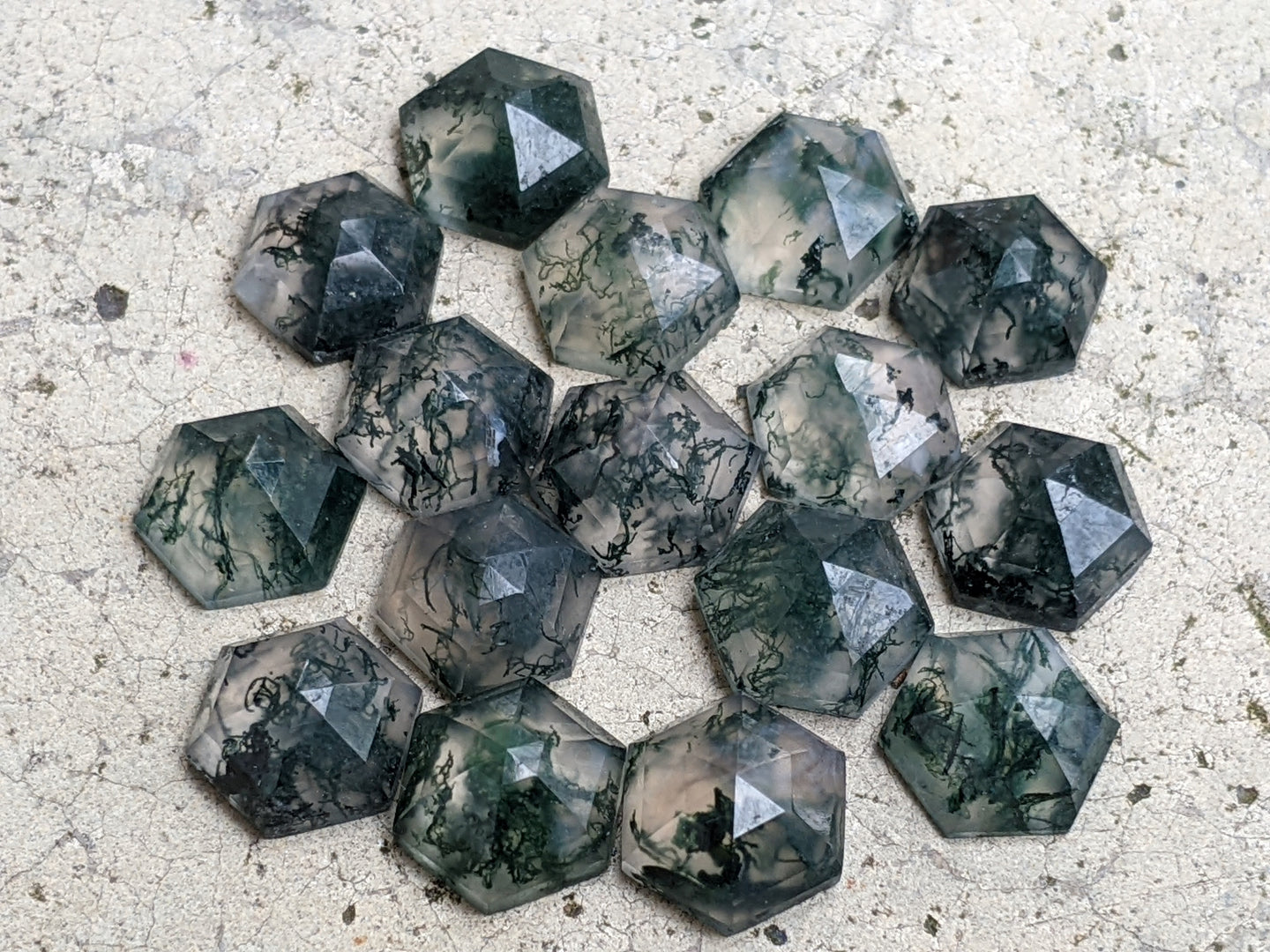 Moss Agate Faceted Hexagon Cabochons - 8mm