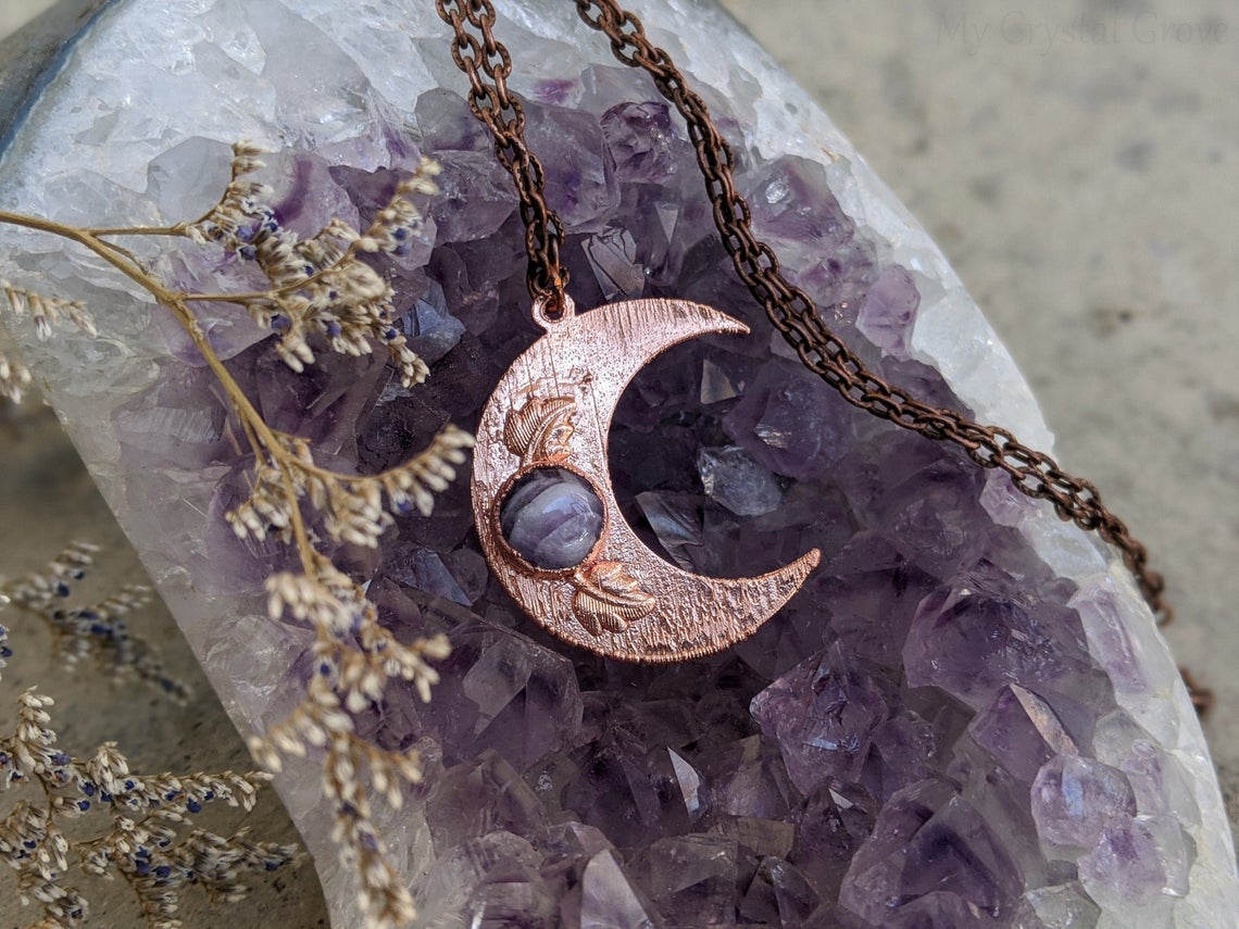 Crescent Moon Pendant with Amethyst and Leaves - Copper