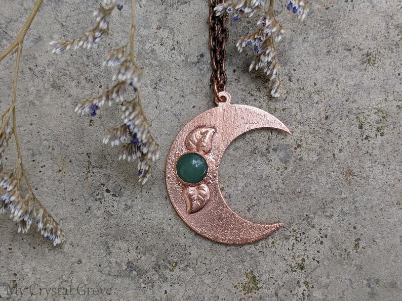 Crescent Moon Pendant with Green Aventurine and Leaves